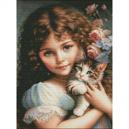 Дівчинка з кошеням Набір для вишивання хрестиком Dantel 183D - Вишивка хрестиком і бісером - Овечка Рукодільниця