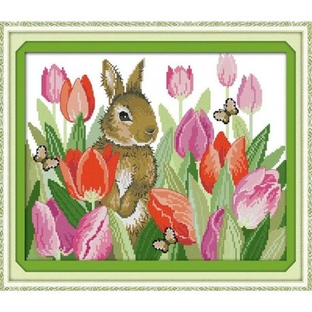 Кролик в тюльпанах Набір для вишивання хрестиком з друкованою схемою на тканині Joy Sunday D730 - Вышивка крестиком и бисером - Овца Рукодельница