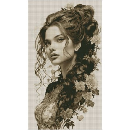 Дівчина з квітами у волоссі Електронна схема для вишивання хрестиком Л-0045ІХ - Вишивка хрестиком і бісером - Овечка Рукодільниця