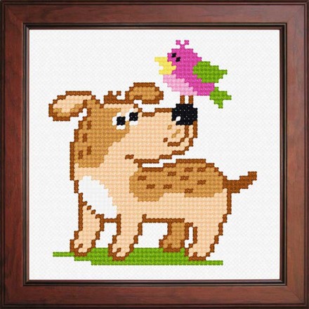 Собачка с птичкой Ткань для вышивания с нанесённым рисунком Orchidea O-1294 - Вышивка крестиком и бисером - Овца Рукодельница