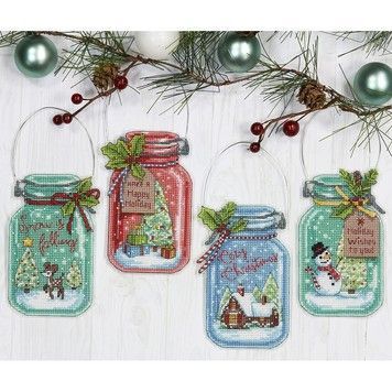 Набір для вишивання Dimensions 70-08964 Christmas Jar Ornaments / Різдвяні баночки - Вишивка хрестиком і бісером - Овечка Рукодільниця