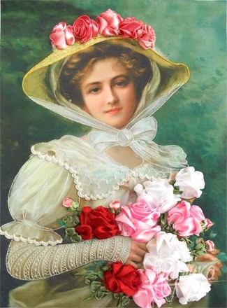 Жінка з букетом троянд. Набори для вишивання стрічками. Марічка (НЛ-3048) - Вишивка хрестиком і бісером - Овечка Рукодільниця