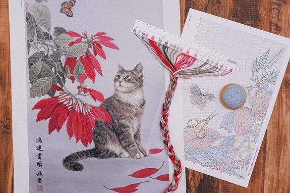 Пуансетії з котом Xiu Crafts 2032305 Набір для вишивання хрестиком - Вишивка хрестиком і бісером - Овечка Рукодільниця