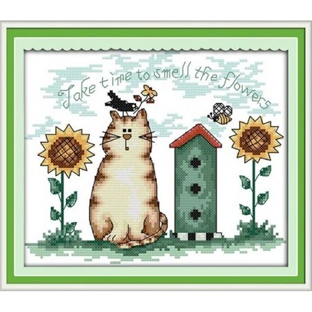 Соняшник та кіт Набір для вишивання хрестиком з друкованою схемою на тканині Joy Sunday K441 - Вишивка хрестиком і бісером - Овечка Рукодільниця