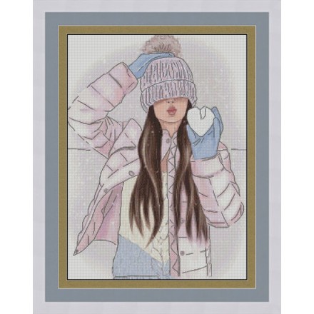 Девушка со снежным сердечком Электронная схема для вышивания крестиком Л-0009ИХ