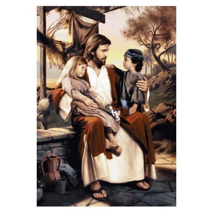 Иисус с детьми Электронная схема для вышивания крестиком СХ-110НО