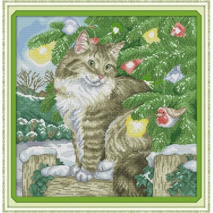 Різдвяний кіт Набір для вишивання хрестиком з друкованою схемою на тканині Joy Sunday D345 - Вышивка крестиком и бисером - Овца Рукодельница