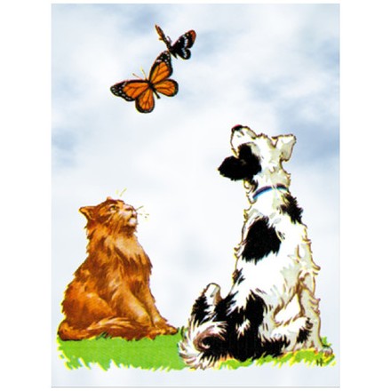 Кот и пёс ловят бабочек Ткань для вышивания с нанесённым рисунком Orchidea O-018 - Вишивка хрестиком і бісером - Овечка Рукодільниця