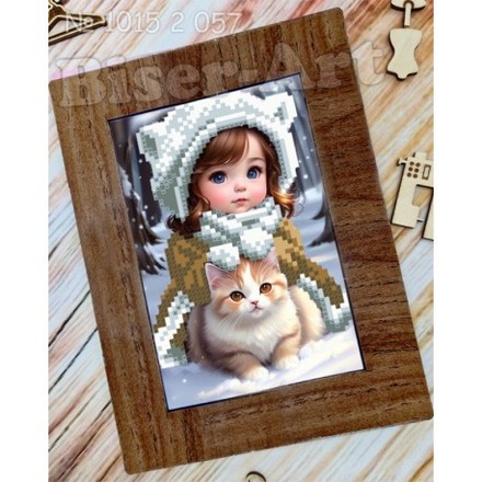Дівчинка з котиком Схема з рамкою для вишивки бісером Biser-Art 10152057ба - Вишивка хрестиком і бісером - Овечка Рукодільниця