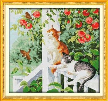 Две кошки Набор для вышивания крестом с печатной схемой на ткани Joy Sunday D749 - Вышивка крестиком и бисером - Овца Рукодельница