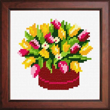 Тюльпаны в красном ведре Ткань для вышивания с нанесённым рисунком Orchidea O-1233 - Вишивка хрестиком і бісером - Овечка Рукодільниця