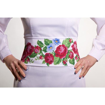 Заготовка жіночого пояса для вишивки бісером Барвиста Вишиванка Рожеві троянди, фіалки ПС009шБнннн